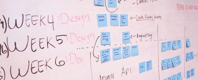 Uma lousa branca com várias anotações em Inglês, em canetas pretas e vermelhas, e diversos Post-Its azuis pregados, mostrando um processo de planejamento. FOTO: Startup Stock Photos, via Pexels