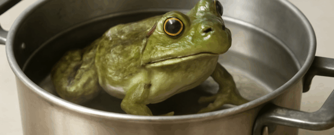 Foto gerada por Inteligência Artificial (Perplexity) com um sapo verde, dentro de uma panela de ferro e água até a metade