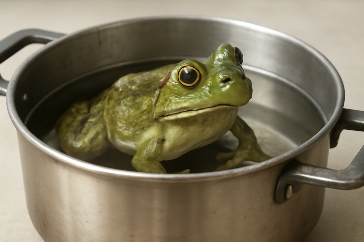 Foto gerada por Inteligência Artificial (Perplexity) com um sapo verde, dentro de uma panela de ferro e água até a metade
