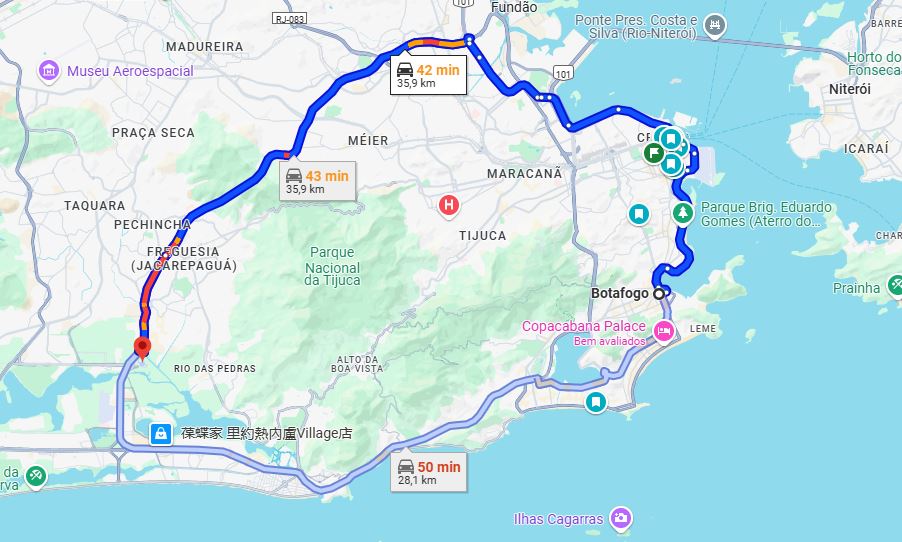 Print de uma tela do Google Maps mostrando o itinerário entre Botafogo e a Vila do Pan, em Jacarepaguá. A foto ilustra uma situação que o autor viveu, quando um corretor de imóveis tentou vender-lhe um imóvel a 35km de onde ele morava, numa clara tentativa de resolver seu próprio problema, em vez de resolver o problema do cliente.