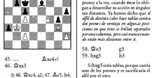 Print de um livro de xadrez, mostrando uma posição de um jogo entre Alekhine e Capablanca na disputa pelo título mundial em 1927.