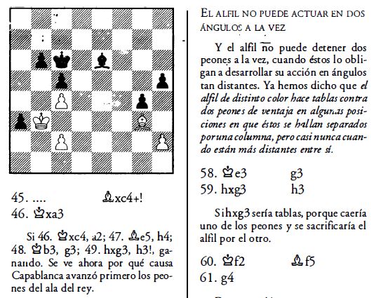 Print de um livro de xadrez, mostrando uma posição de um jogo entre Alekhine e Capablanca na disputa pelo título mundial em 1927.