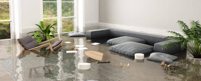 Sala de uma casa completamente alagada, com os móveis (sofá, poltrona, pufe e mesa de centro) boiando, um tapete submerso, além de vários objetos de decoração e plantas também tomados pela água.