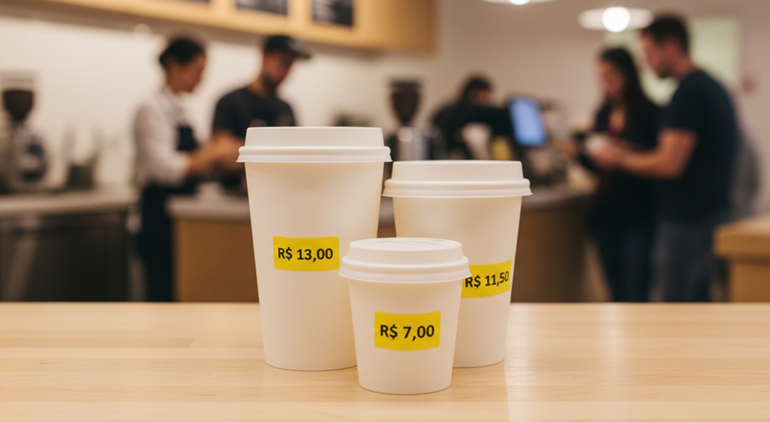 No centro da foto, em uma cafeteria, em primeiro plano, sobre uma bancada de madeira clara, três copos de café com diferentes preços, em etiquetas amarelas: o copo menor, à frente R$ 7,00; no copo médio, à direita, o valor é R$ 11,50; no copo maior, à esquerda, o valor é R$ 13,00. Em segundo plano, com a imagem desfocada, há baristas trabalhando e clientes sendo atendidos em um ambiente alegre e acolhedor.