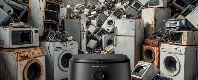 Um depósito de eletrodomésticos velhos e fora de uso, com uma airfryer preta, novinha em folha em primeiro plano.