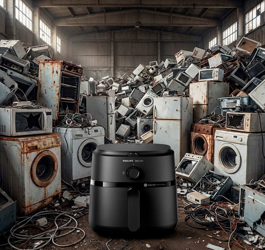 Um depósito de eletrodomésticos velhos e fora de uso, com uma airfryer preta, novinha em folha em primeiro plano.