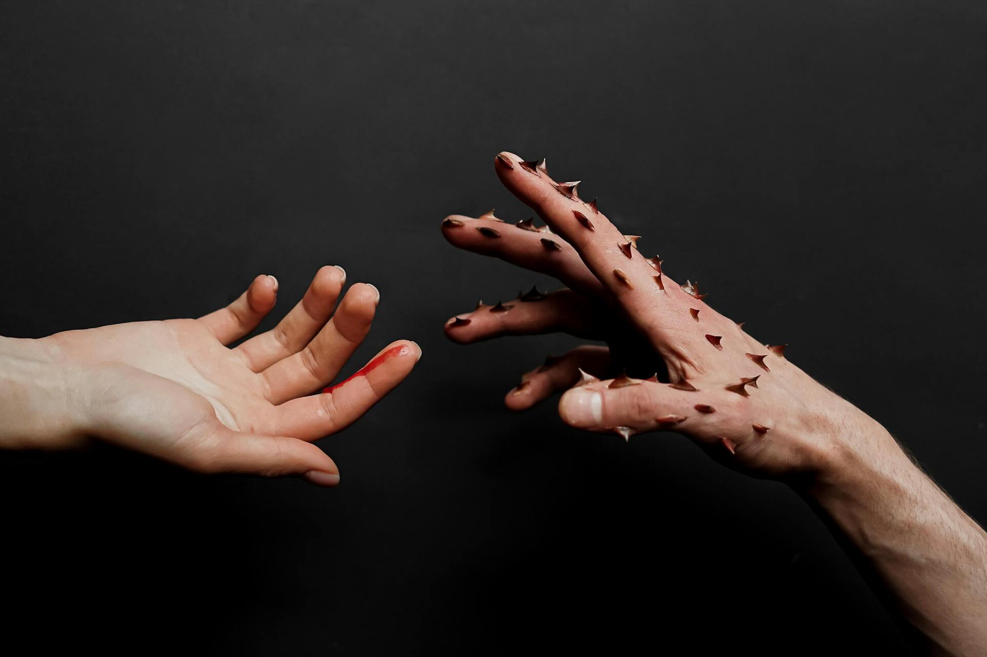 Uma mão cheia de espinhos próxima a outra mão, com alguns ferimentos provocados pelos espinhos da primeira.