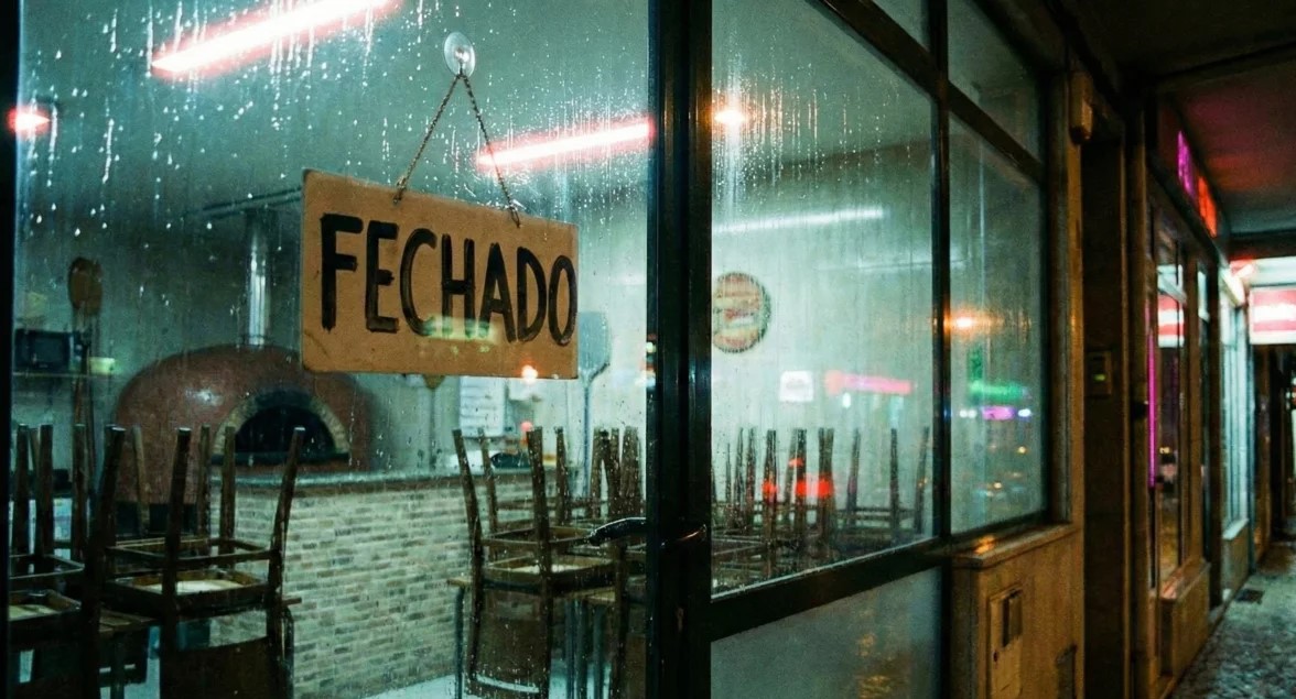 Fachada de uma pizzaria com as portas fechadas e um cartaz escrito "FECHADO" na vitrine. No interior vê-se as cadeiras de cabeça para baixo sobre as mesas e um balcão de tijolinhos aparentes com um forno de pizza atrás.
