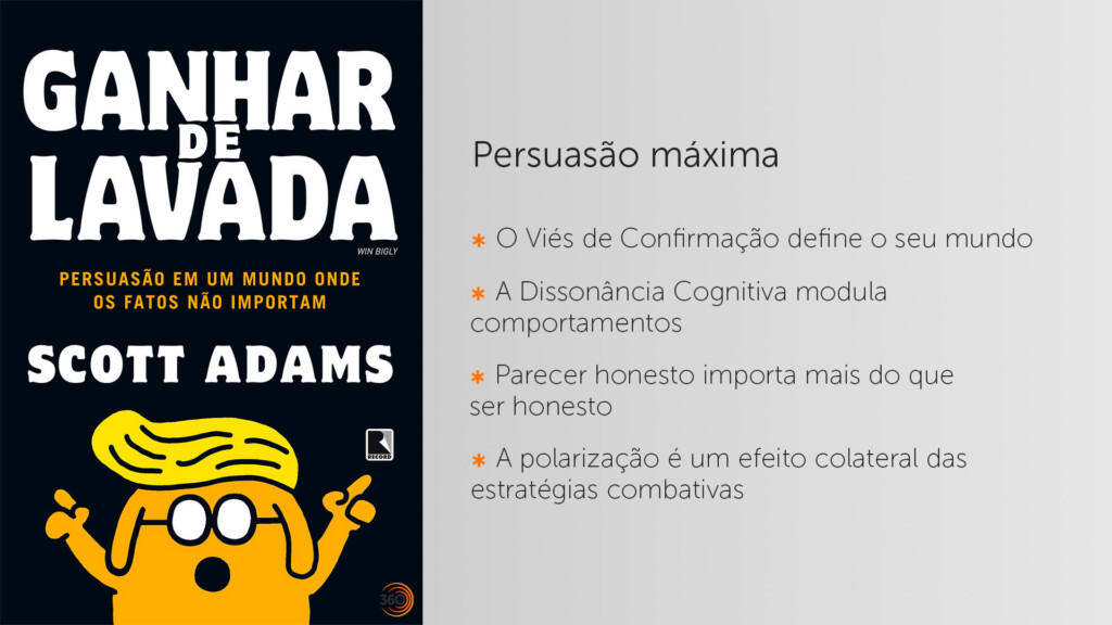 Do lado esquerdo, a capa do livro "Ganhar de Lavada: Persuasão em um mundo onde os fatos não importam," de Scott Adams, com um cachorro no estilo do personagem Dilbert (do mesmo autor) e uma peruca imitando o presidente americano Donald Trump. Do lado direito, quatro bullet points resumindo o livro: ✱ O Viés de Confirmação define o seu mundo ✱ A Dissonância Cognitiva modula comportamentos ✱ Parecer honesto importa mais do que ser honesto ✱ A polarização é um efeito colateral das estratégias combativas
